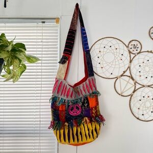 HIPPIE PEACE SIGN PATCHWORK COTTON TOTE
